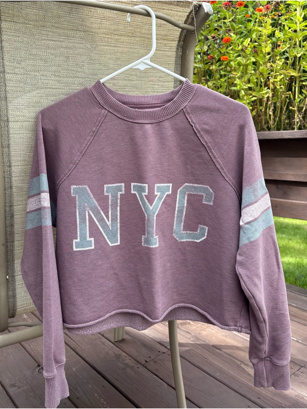 aerie Mauve Cropped NYC Crewneck Sweatshirt with Stripe Sleeves